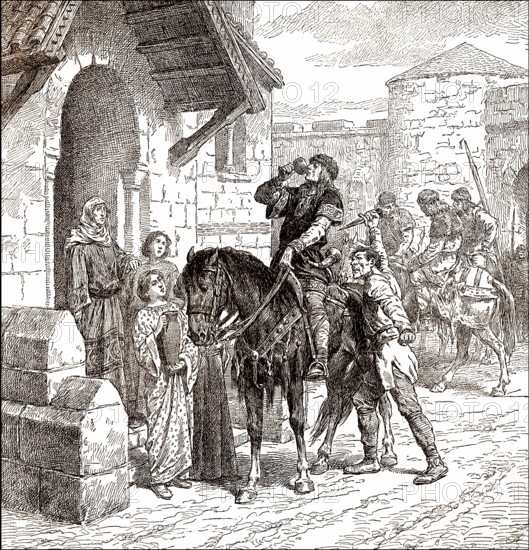 Illustration of the Assassination of Edward the Martyr or Eadweard, c. 962 - 978, king of the