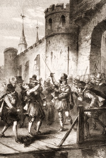 The assassination of Concino Concini, marquis d'Ancre, on the bridge of the Louvre, Paris, France,