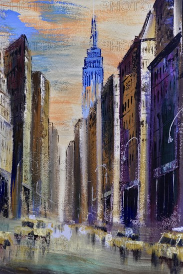 Manhattan, New York City, New York, USA, North America, Artist's impression of a street scene with