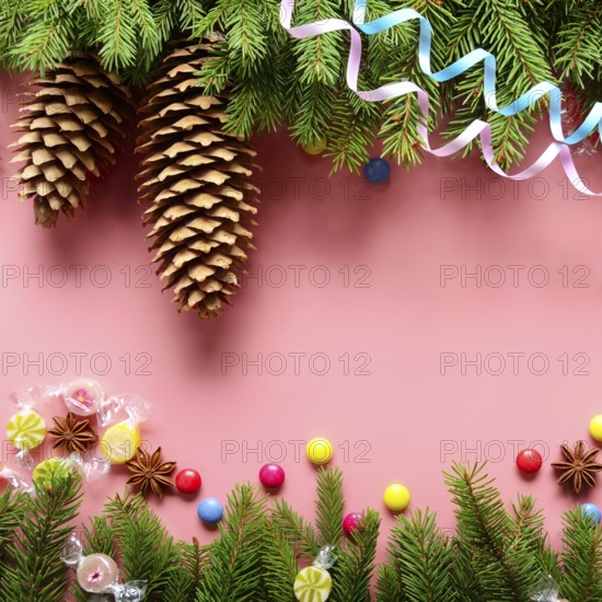 Flat lay design of Christmas greeting card of fir twigs cones, paper streamer, candies and spices