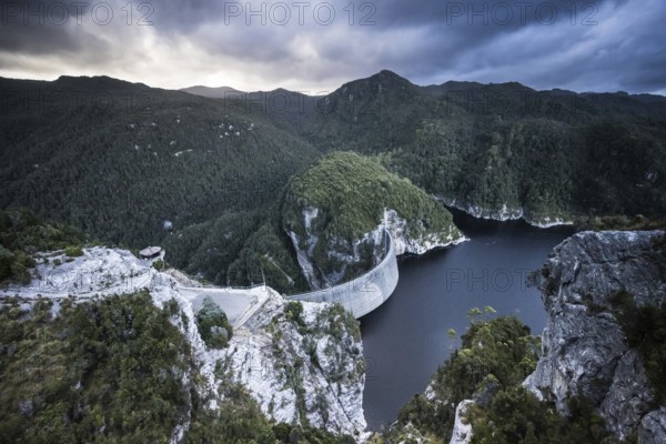 View of the Gordon Dam on a cool summer's day. It is a unique double curvature concrete arch dam