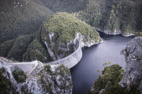 View of the Gordon Dam on a cool summer's day. It is a unique double curvature concrete arch dam
