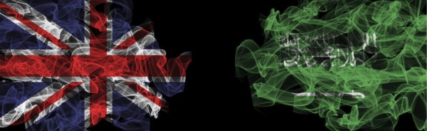 Flags of Union Jack and Saudi Arabia on Black background, Union Jack vs Saudi Arabia Smoke Flags