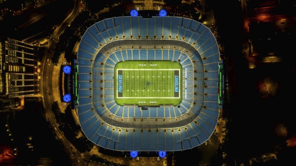 Night aerial view of the Bank of America Stadium, home of the National Football League Carolina