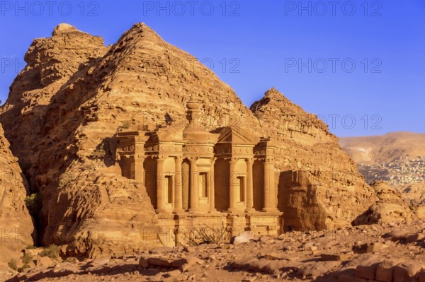 Ad Deir Monastery in the ancient city of Petra, Jordan sunset panoramic view, UNESCO World Heritage