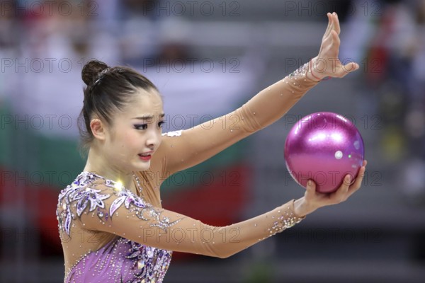 Sofia, Bulgaria - 1 April, 2018: Kaho Minagawa Japan performs with ball during Rhythmic Gymnastics