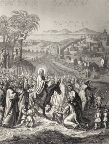 Jesus's triumphal entry into Jerusalem on Palm Sunday, New Testament, steel engraving 1853,