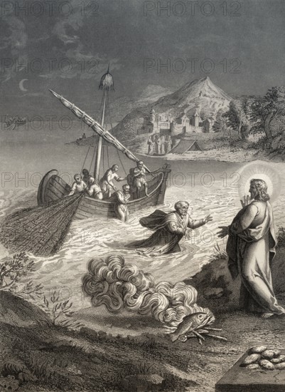 The miraculous catch of 153 fish, Resurrection of Jesus, New Testament, steel engraving 1853,