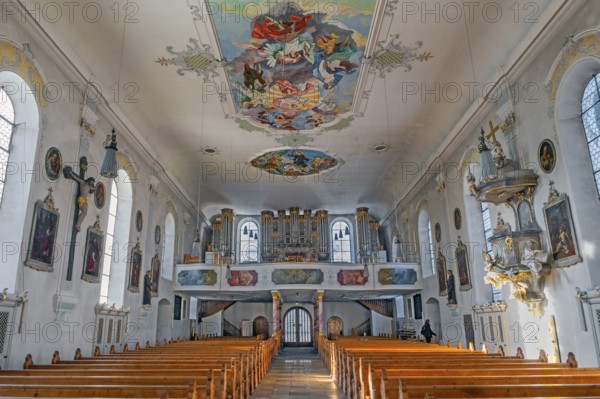 Ceiling frescoes and organ loft, St Michael's parish church, Sonthofen, Allgäu, Bavaria, Germany,