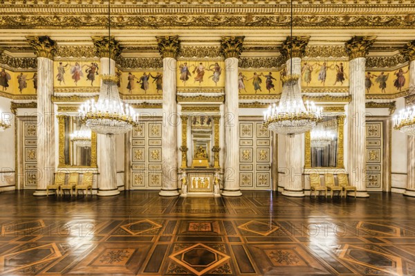 Turin, Italy, 17 november 2023: baroque ballroom interior in Royal Palace, 1842. Luxury marble,