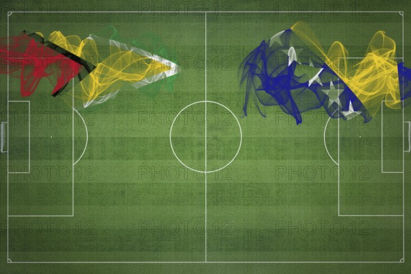 Guyana vs Bosnia and Herzegovina Soccer Match, national colors, national flags, soccer field,