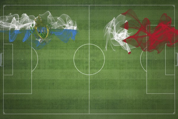 San Marino vs Bahrain Soccer Match, national colors, national flags, soccer field, football game,