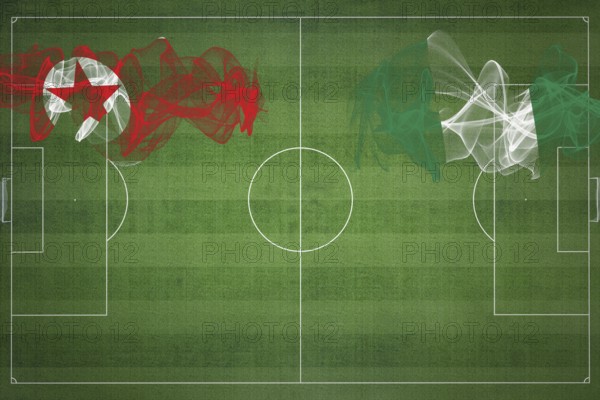 North Korea vs Nigeria Soccer Match, national colors, national flags, soccer field, football game,