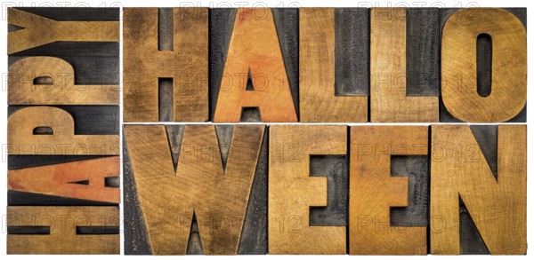 Happy Halloween banner or greeting card - isolated word abstract in vintage grunge letterpress wood