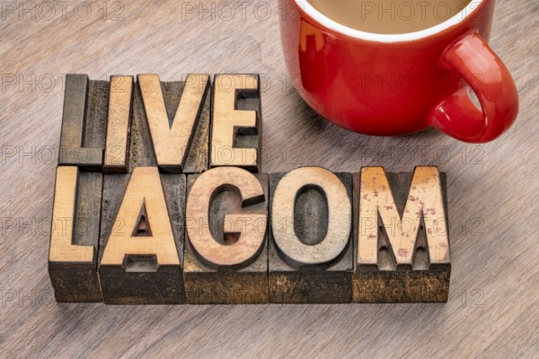 Live lagom word abstract in vintage letterpress wood type blocks, Swedish balanced lifestyle