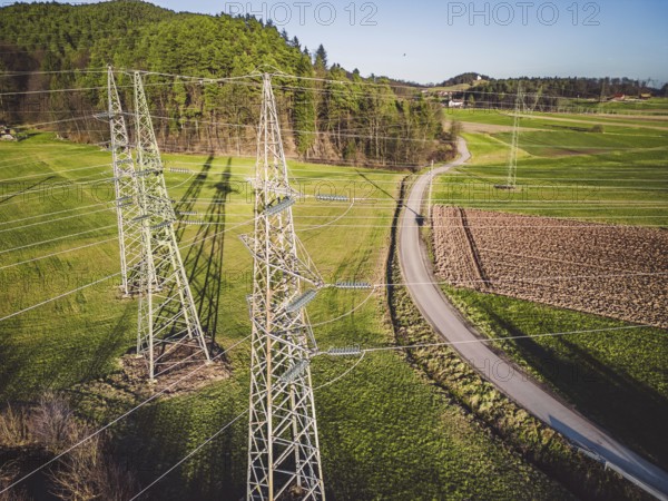 Electrical power substation in the country side of Slovenia. Fields and forests surrounding the