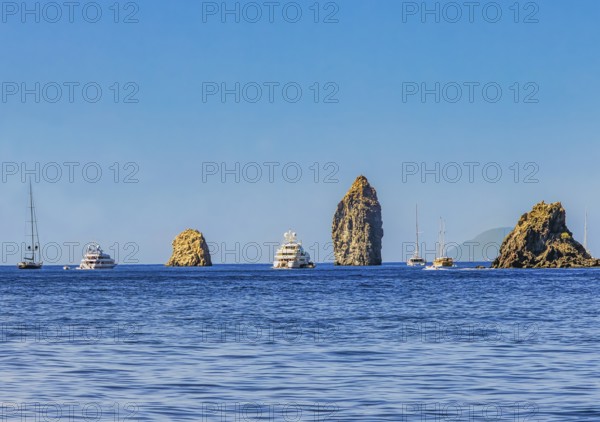 Faraglioni, Pietra Lunga and Pietra Menalda rock formations off the island of Lipari in Sicily,
