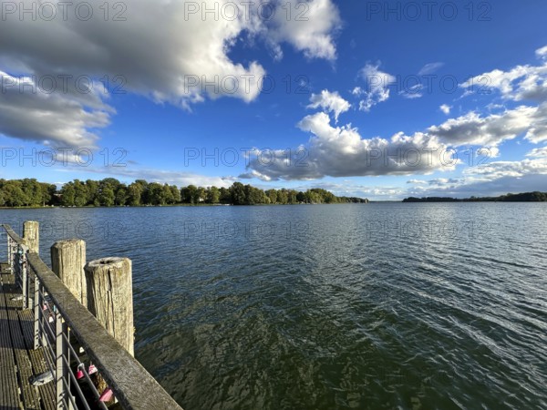 View over the Scharmützelsee with a jetty in the foreground, Bad Saarow, Brandenburg, Germany,