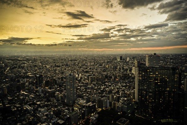 Shinjuku of city landscape and sunset visible from the observatory of the Tokyo Metropolitan