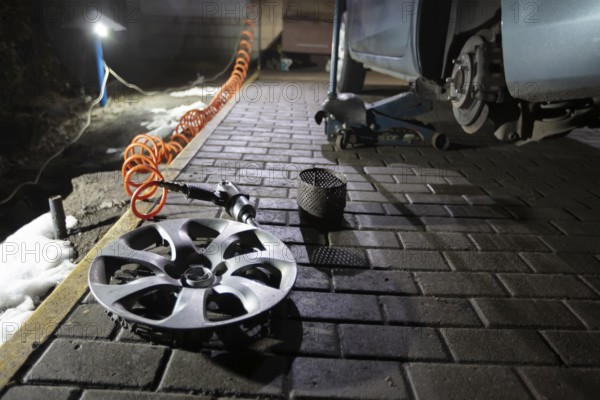 Car wheel repair in a tyre workshop