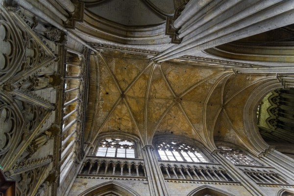 Rouen, France, August 30, 2018: Interior of a catholic temple. Ceiling of the Notre-Dame de Rouen