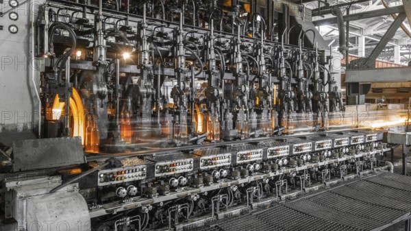 On the conveyor glass bottles are pasteurized with fire. factory shop for the production of glass