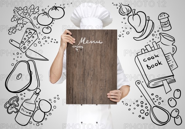 Restaurant Chef on a sketchy background hidden behind a wooden chopping board for a business lunch