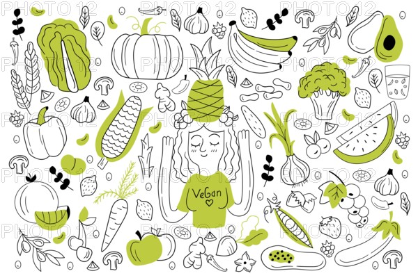 Vegan food doodle set. Collection of hand drawn sketches templates of people vegans dieting eating