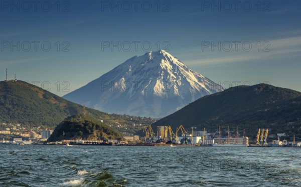 View of the city Petropavlovsk-Kamchatsky, Avacha Bay and Koryaksky volcano, Russian Far East,