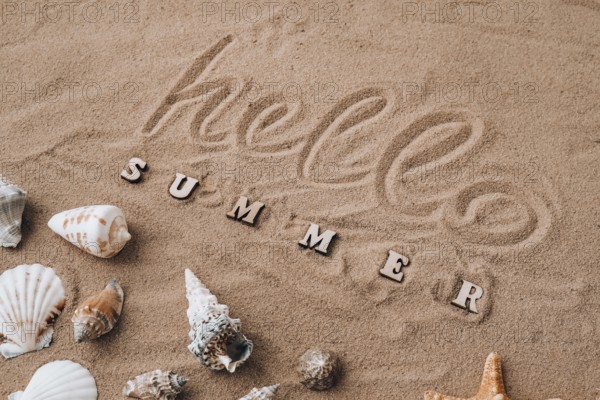 Composition with text HELLO SUMMER seashells, pebbles, mockup on sand background. Blank, top view,