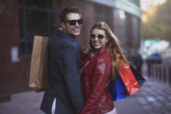 Picture showing young couple shopping in the city. Portrait of a couple with shopping bags in the