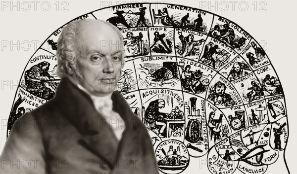 Franz Joseph Gall, 1758-1828, German neuroanatomist and physiologist with a Phrenological Chart,