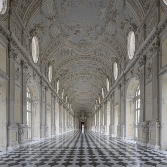 Magnificent Baroque interior with long corridors and high ceilings, Palace of Venaria Reale,