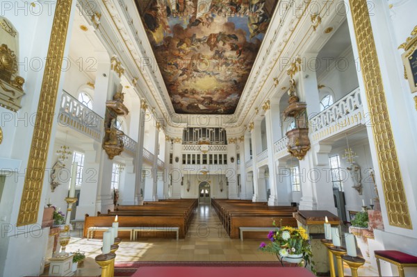 The organ loft with ceiling fresco of the Roman Catholic Church of St Verena, Bad Wurzach, Allgäu,