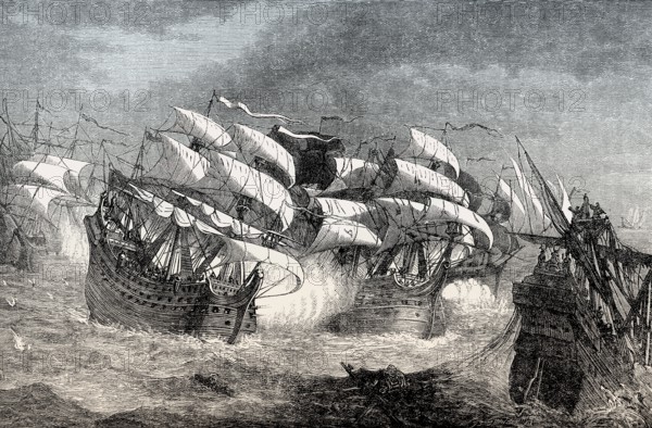 Sir Francis Drake attacking the Spanish Armada, 1588, From British Battles on Land and Sea, by