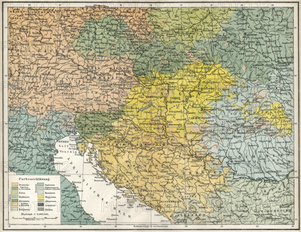 Historical, ethnological map of Austria-Hungary, Dual Monarchy or kuk monarchy, for the period