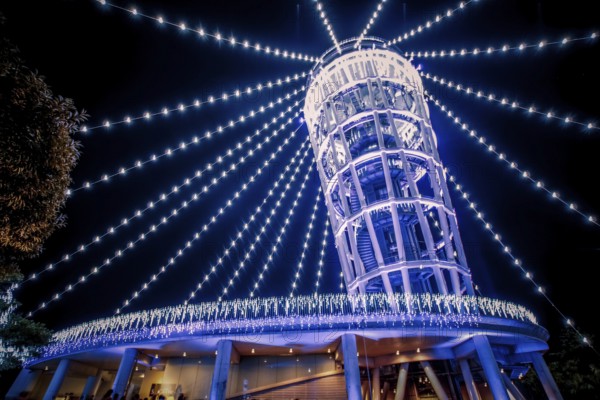 Lighthouse of the night view of Enoshima (sea candles). Shooting Location: Kamakura, Kanagawa