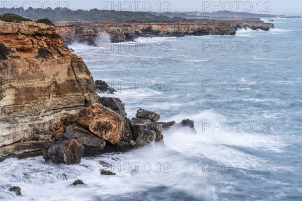 Rough waves on the coast of Cala Pi and S Estalella, Llucmajor, Majorca, Balearic Islands, Spain,