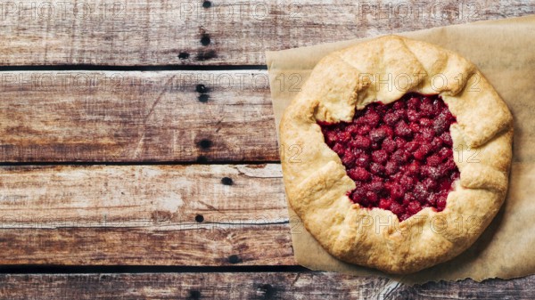 Perfect raspberry galette. Delicious rustic homemade tart with frozen or fresh raspberries on old