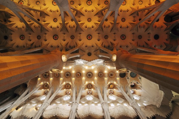 Barcelona, Spain - 15 December 2019: Sagrada Familia interiors - columns, vaults, stained glass and
