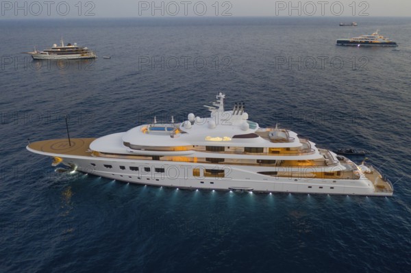 Aerial view of 104 metre motor yacht QUANTUM BLUE, delivered in 2014 by the German shipyard Lürssen