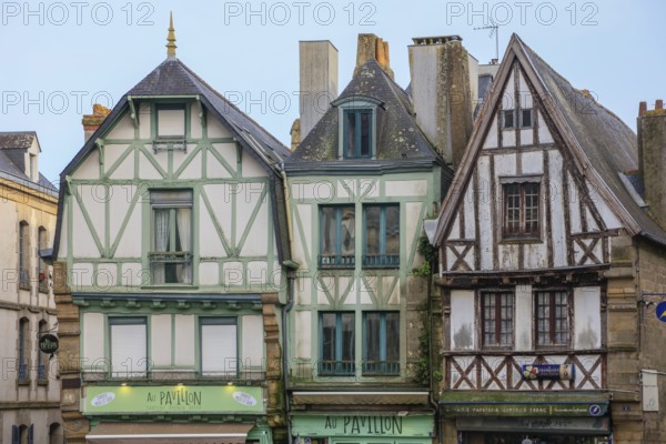 Three half-timbered houses on the Place de la Republique, Auray, Morbihan department, Bretagne