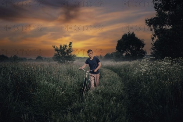 Young man walks with a retro bike along a field road, vintage style in the village at sunset.