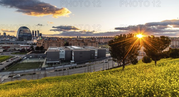 Madrid, Spain, March 7, 2020: Panoramic view of the skyline of Madrid from hill covered with yellow