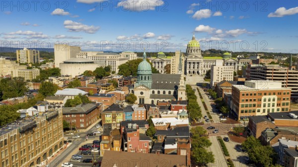 Early Morning light hits the buildings and downtown city center area in Pennsylvania state capital