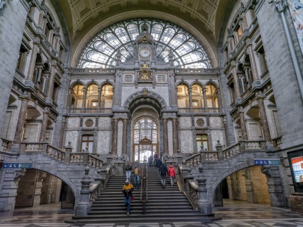 Interior view of the opulent old terminus station Antwerp-Centraal, Antwerp, Flanders, Belgium,