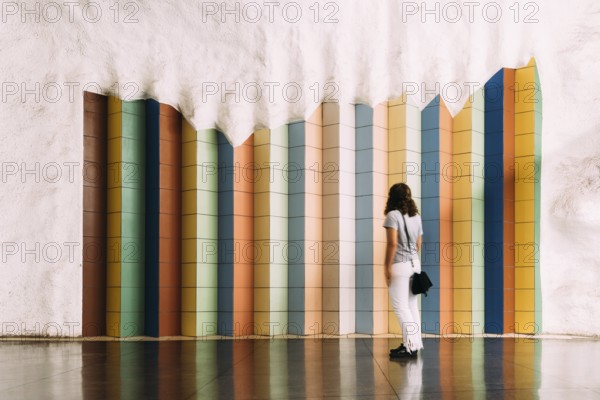 Stockholm, Sweden, August 9, 2019: Blurred motion woman looking at tile colorful pattern in