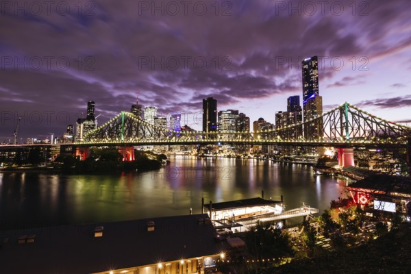 BRISBANE, AUSTRALIA, JULY 27, 2023: Brisbane skyline and Story Bridge from the suburb of New Farm