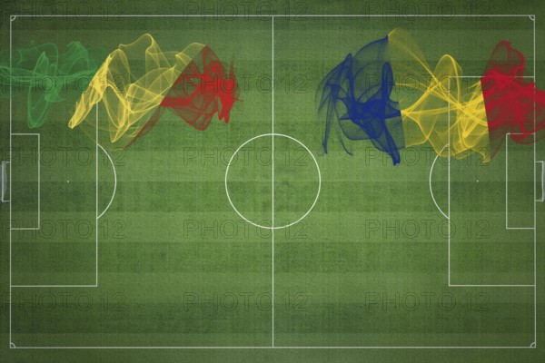 Republic of the Congo vs Romania Soccer Match, national colors, national flags, soccer field,