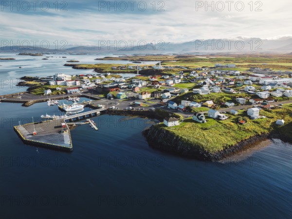 Beautiful aerial view of the Stykkisholmskirkja Harbor with Fishing ships boats at Stykkisholmur
